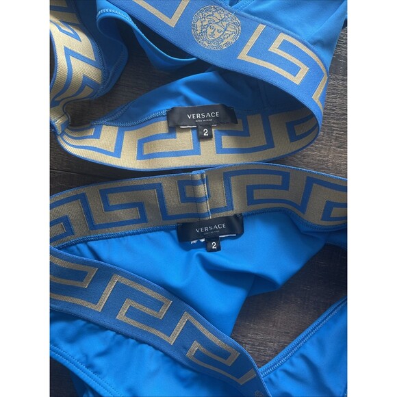Versace Mediterranean Blue Greca Border High Waist Swimsuit Bikini Set Size 2 - Picture 9 of 13